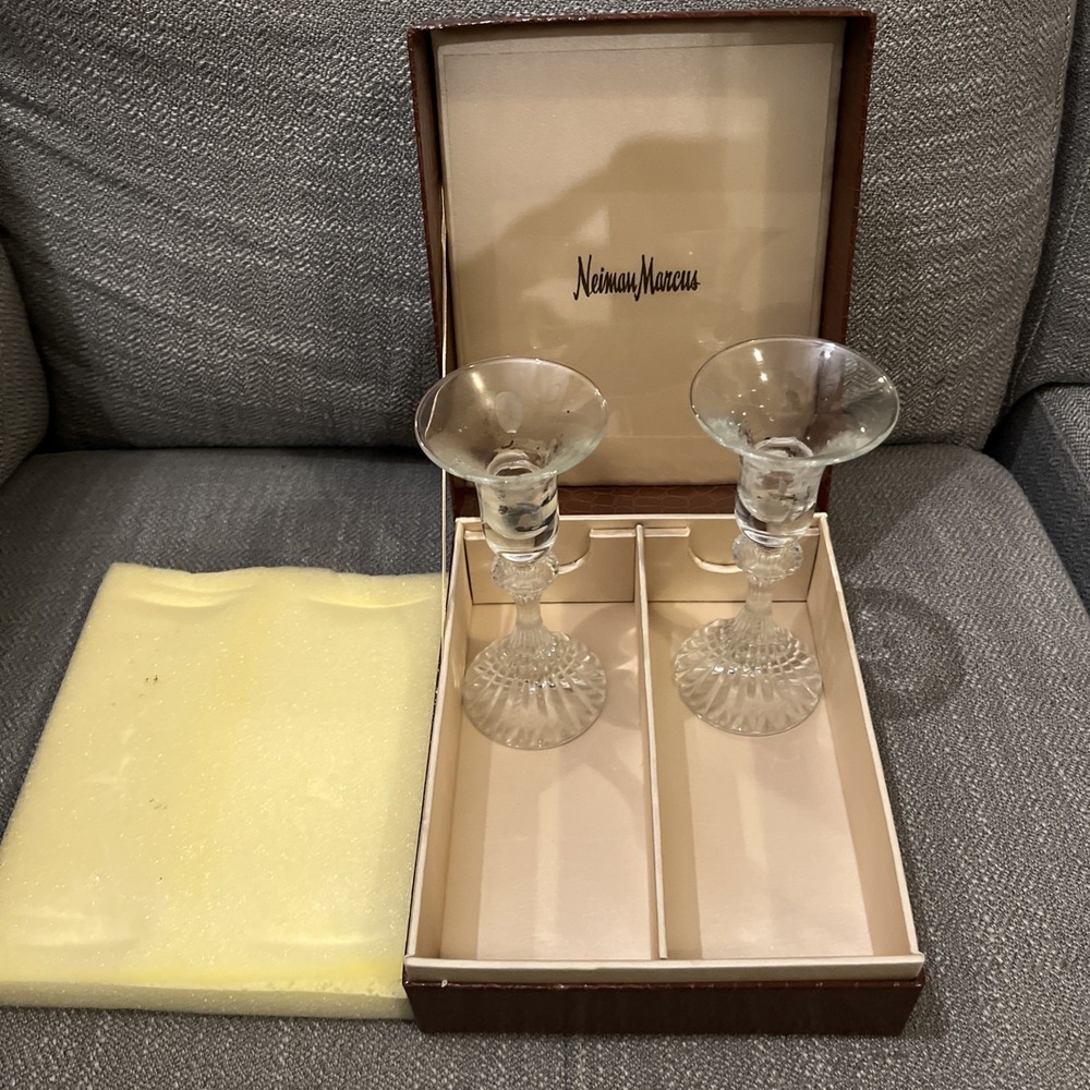 Pair of Neiman Marcus Crystal Candlesticks Preowned With Case